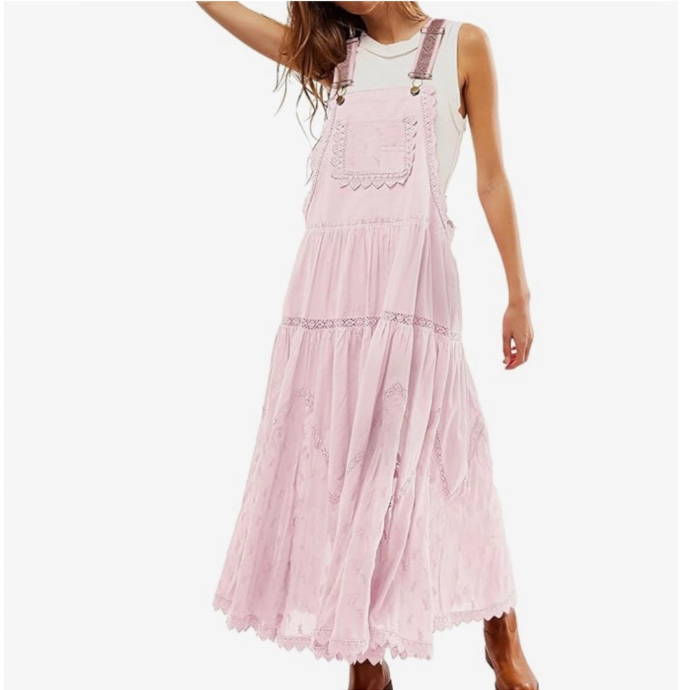 NWOT Embroidered Bib Maxi Dress - Pink